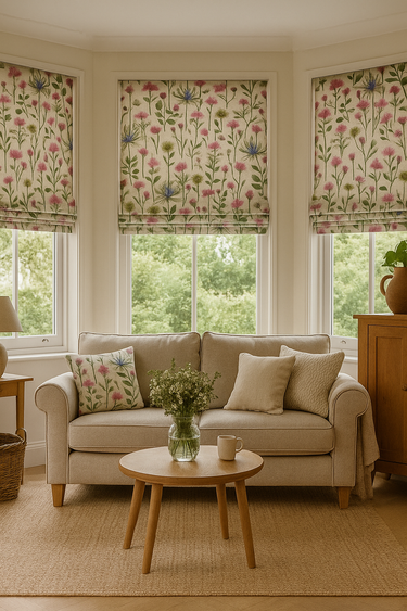 Cozy English country living room with Roman blinds made from botanical thistle print fabric in soft pink, blue, and green tones